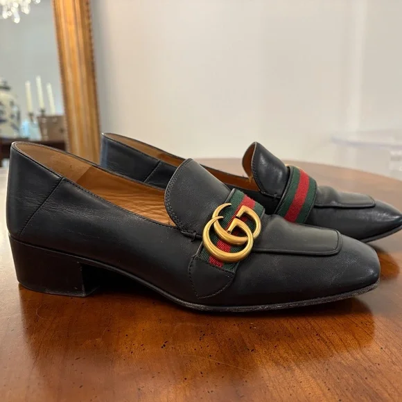 Gucci Black Leather Loafers with Gold and Green-Red Stripe Webbing, 37.5 - Picture 4 of 6